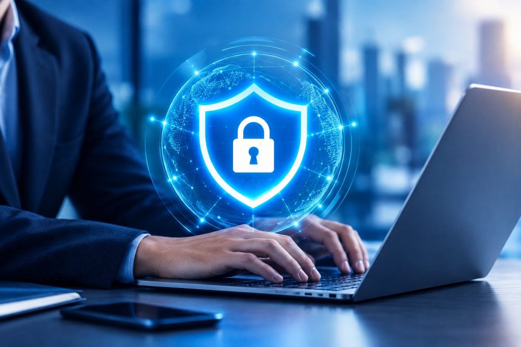Cybersecurity protection with a digital shield and lock over a business laptop