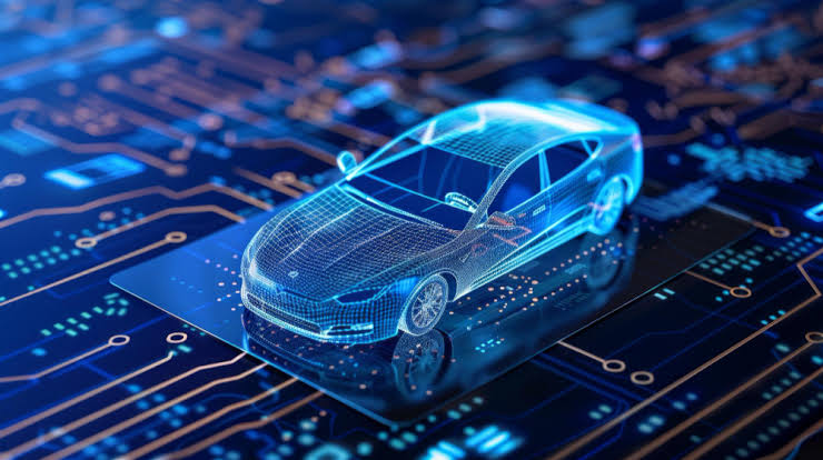 Digital 3D wireframe outline of a software-defined connected car resting on an electronic circuit board, representing automotive cybersecurity and ECU protection.